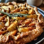 ['A golden-brown galette filled with sliced apples and topped with hazelnuts, viewed from the side.', 'Close-up of a rustic apple galette with rosemary and brown butter pastry, showcasing its flaky crust and fruit filling.', 'A side view of an apple hazelnut galette, highlighting the layered pastry and glistening apple slices.', 'An artistic shot of a fresh apple galette with bits of rosemary and nuts, presenting its inviting texture and colors.']