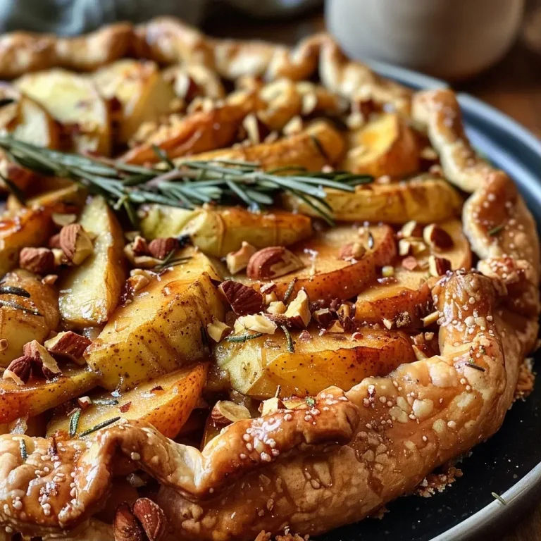 ['A golden-brown galette filled with sliced apples and topped with hazelnuts, viewed from the side.', 'Close-up of a rustic apple galette with rosemary and brown butter pastry, showcasing its flaky crust and fruit filling.', 'A side view of an apple hazelnut galette, highlighting the layered pastry and glistening apple slices.', 'An artistic shot of a fresh apple galette with bits of rosemary and nuts, presenting its inviting texture and colors.']