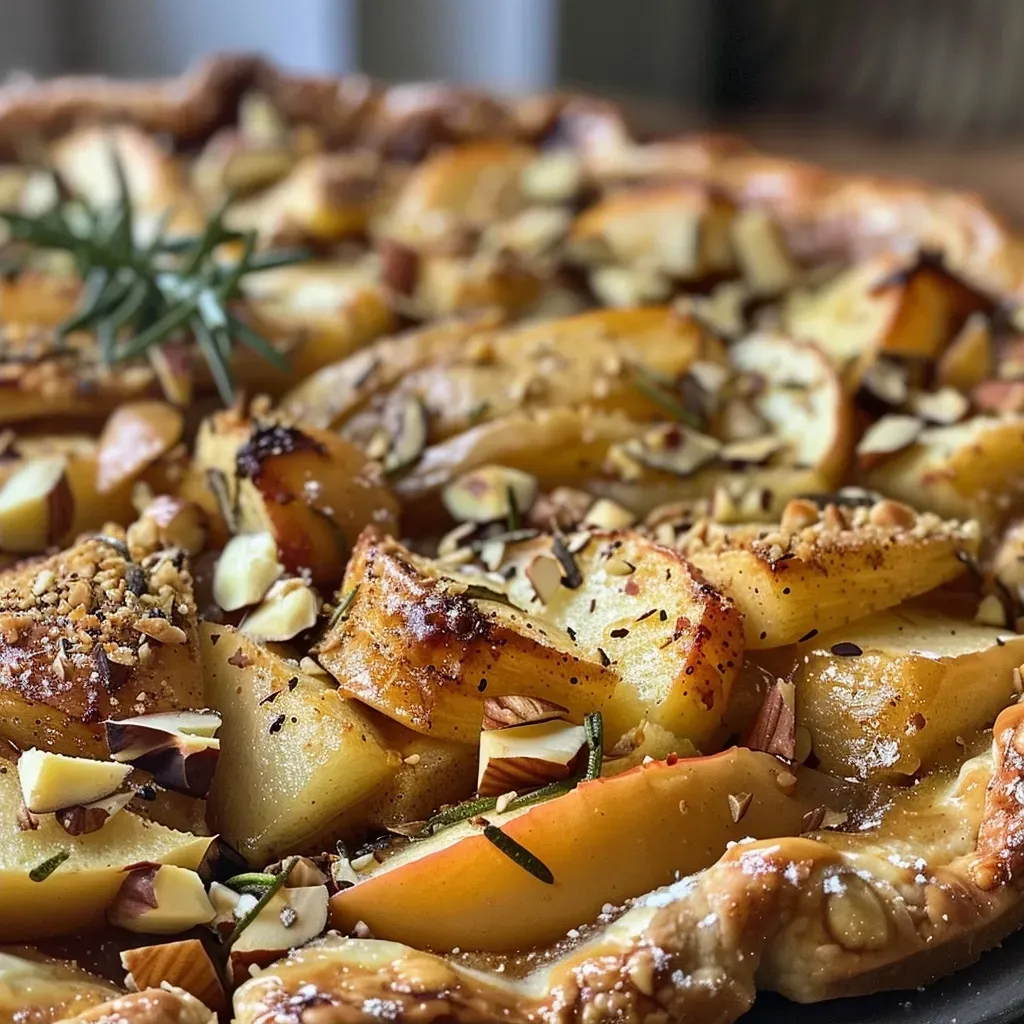 ['A golden-brown galette filled with sliced apples and topped with hazelnuts, viewed from the side.', 'Close-up of a rustic apple galette with rosemary and brown butter pastry, showcasing its flaky crust and fruit filling.', 'A side view of an apple hazelnut galette, highlighting the layered pastry and glistening apple slices.', 'An artistic shot of a fresh apple galette with bits of rosemary and nuts, presenting its inviting texture and colors.']