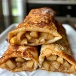 ['Close-up of a golden-brown apple pie egg roll with a crispy texture.', 'Side view of a freshly fried apple pie egg roll showcasing the filling.', 'Juicy apple pie egg roll half cut open revealing the apple filling.', 'Delicious apple pie egg rolls served on a plate, dusted with powdered sugar.']