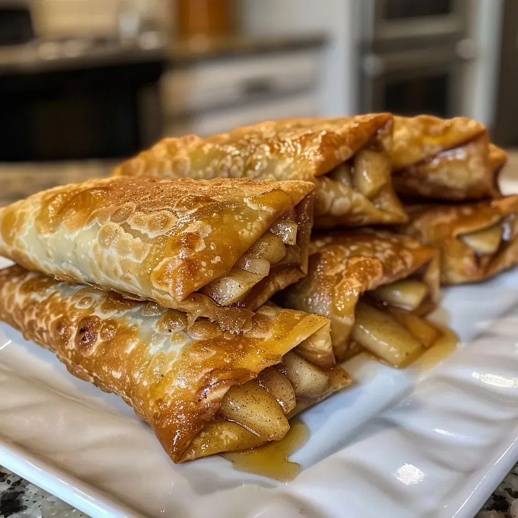 ['Close-up of crispy Apple Pie Egg Rolls, showing a golden-brown exterior.', 'Side view of Apple Pie Egg Rolls, revealing the juicy apple filling inside.', 'Plate of freshly made Apple Pie Egg Rolls, garnished with cinnamon sugar.', 'Appetizing Apple Pie Egg Rolls with a crispy shell and warm apple filling.']