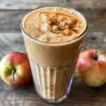 ['Close-up view of a refreshing apple smoothie in a clear glass, garnished with caramel drizzle.', 'Side view of a creamy apple smoothie surrounded by fresh ingredients and ice cubes.', 'Vivid image of a healthy apple smoothie with ice, displayed in a stylish glass on a wooden table.', 'Detailed shot of an apple smoothie, highlighting the texture and vibrant colors of the drink.']