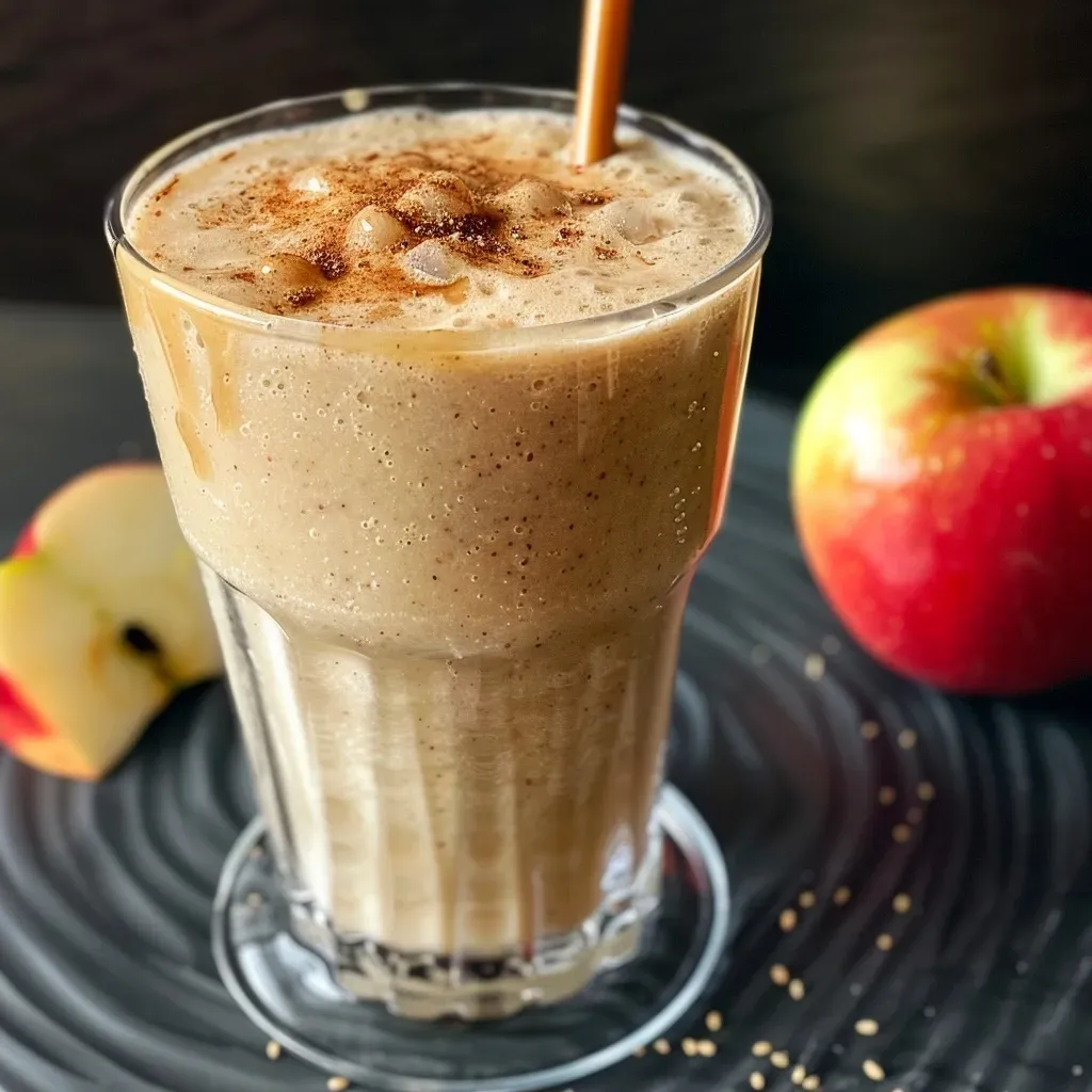 ['Close-up view of a refreshing apple smoothie in a clear glass, garnished with caramel drizzle.', 'Side view of a creamy apple smoothie surrounded by fresh ingredients and ice cubes.', 'Vivid image of a healthy apple smoothie with ice, displayed in a stylish glass on a wooden table.', 'Detailed shot of an apple smoothie, highlighting the texture and vibrant colors of the drink.']