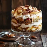 ['Close-up view of a layered apple spice trifle with whipped topping and pecans.', 'Side view of a delicious apple spice trifle displaying layers of cake and apples.', 'Juicy apple spice trifle featuring whipped cream and cinnamon on top.', 'Colorful apple spice trifle showcasing chopped apples and pecans in layers.']