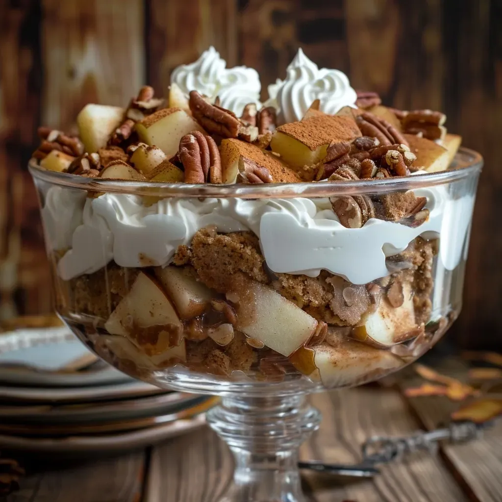 ['Close-up view of a layered apple spice trifle with whipped topping and pecans.', 'Side view of a delicious apple spice trifle displaying layers of cake and apples.', 'Juicy apple spice trifle featuring whipped cream and cinnamon on top.', 'Colorful apple spice trifle showcasing chopped apples and pecans in layers.']