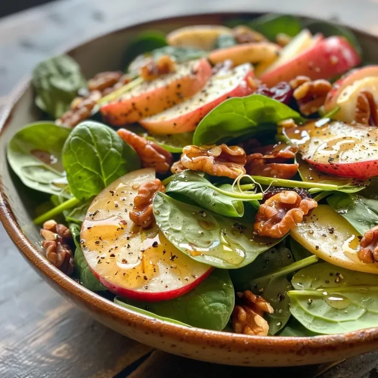 ['A close-up view of a vibrant Apple Walnut Spinach Salad with sliced apples, walnuts, and cranberries.', 'A colorful salad featuring spinach, diced apples, and a sprinkle of walnuts, presented from a side angle.', 'A fresh salad composed of baby spinach, Granny Smith apples, walnuts, and dried cranberries, with a smooth vinaigrette.', 'A detailed side view of a healthy salad made with spinach, apples, toasted walnuts, and optional sprouts.']