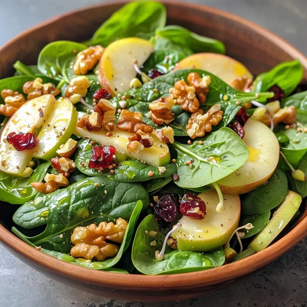 ['A close-up view of a vibrant Apple Walnut Spinach Salad with sliced apples, walnuts, and cranberries.', 'A colorful salad featuring spinach, diced apples, and a sprinkle of walnuts, presented from a side angle.', 'A fresh salad composed of baby spinach, Granny Smith apples, walnuts, and dried cranberries, with a smooth vinaigrette.', 'A detailed side view of a healthy salad made with spinach, apples, toasted walnuts, and optional sprouts.']