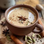 ['Close-up of a steaming cup of authentic Masala Chai with spices visible.', 'Side view of a rich, creamy Masala Chai, highlighting spices and tea leaves.', 'A vibrant cup of Masala Chai surrounded by its key ingredients on a wooden table.', 'Delicious Masala Chai in a clear glass, showcasing the infusion of spices and milk.']