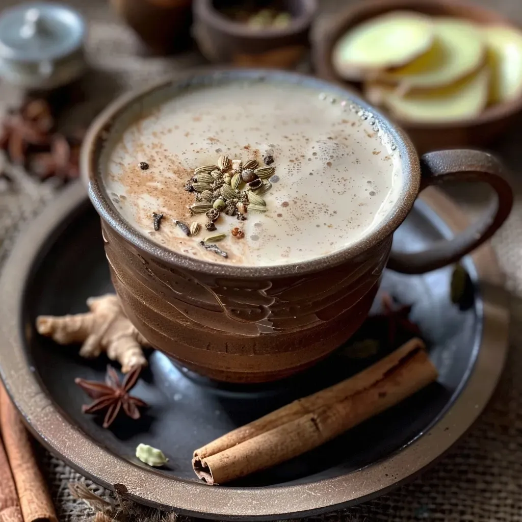 ['Close-up of a steaming cup of authentic Masala Chai with spices visible.', 'Side view of a rich, creamy Masala Chai, highlighting spices and tea leaves.', 'A vibrant cup of Masala Chai surrounded by its key ingredients on a wooden table.', 'Delicious Masala Chai in a clear glass, showcasing the infusion of spices and milk.']