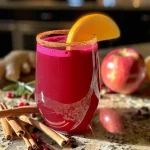 ['A close-up side view of a vibrant Autumn Spiced Mocktail with inclusions of apple slices and spices.', 'A refreshing Autumn Spiced Mocktail featuring a mix of cranberry and orange juices, garnished with apple and spices.', 'A detailed shot of a colorful mocktail showcasing cranberry juice, orange slices, and a cinnamon stick.', 'A delicious Autumn Spiced Mocktail adorned with ginger, cloves, and apple in a glass.']