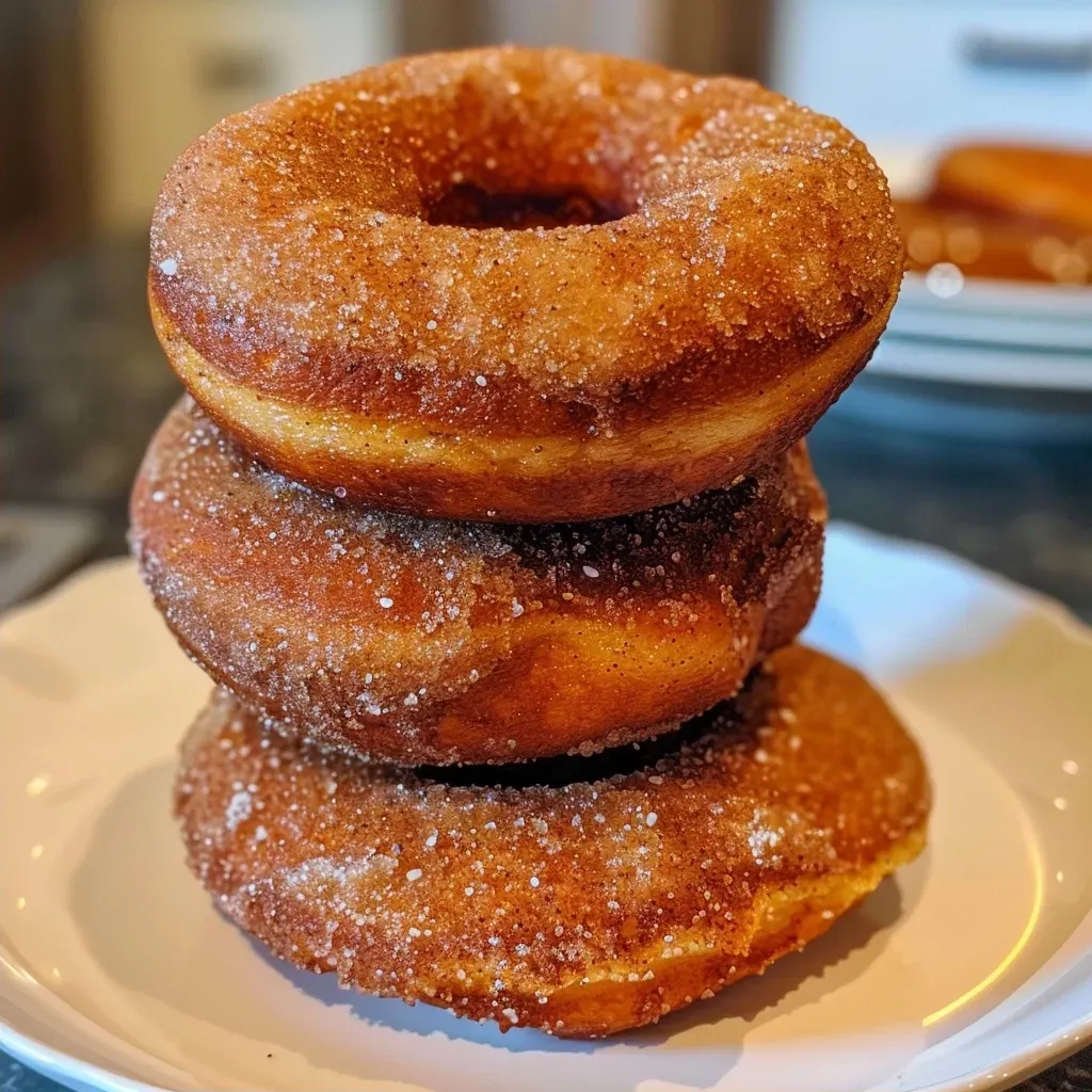 ['Close-up view of golden-brown baked apple cider donuts with a sprinkle of cinnamon sugar.', 'A side view of baked apple cider donuts, showcasing their fluffy texture and rich color.', 'Juicy baked apple cider donuts arranged attractively, highlighted by a dusting of cinnamon.', 'Delicious baked apple cider donuts with a glossy finish and a hint of apple spice.']