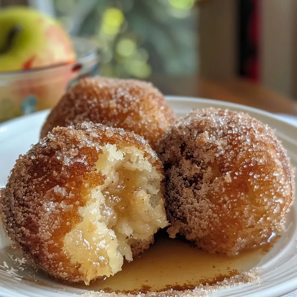 ['Golden-brown Baked Apple Doughnut Balls on a textured surface.', 'Close-up view of warm, fluffy Baked Apple Doughnut Balls dusted with cinnamon.', 'A stack of delicious Baked Apple Doughnut Balls with a slice of apple beside them.', 'Freshly baked doughnut balls filled with apple chunks, arranged attractively.']