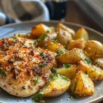 ['Juicy Baked Garlic Parmesan Chicken pieces alongside golden brown cubed potatoes.', 'Close-up view of tender chicken coated with garlic and parmesan, served with roasted red potatoes.', 'Delicious chicken chunks with herbs and spices beside crispy red potato cubes.', 'Appetizing baked chicken sprinkled with parmesan and served with diced potatoes.']