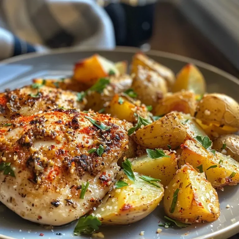['Juicy Baked Garlic Parmesan Chicken pieces alongside golden brown cubed potatoes.', 'Close-up view of tender chicken coated with garlic and parmesan, served with roasted red potatoes.', 'Delicious chicken chunks with herbs and spices beside crispy red potato cubes.', 'Appetizing baked chicken sprinkled with parmesan and served with diced potatoes.']