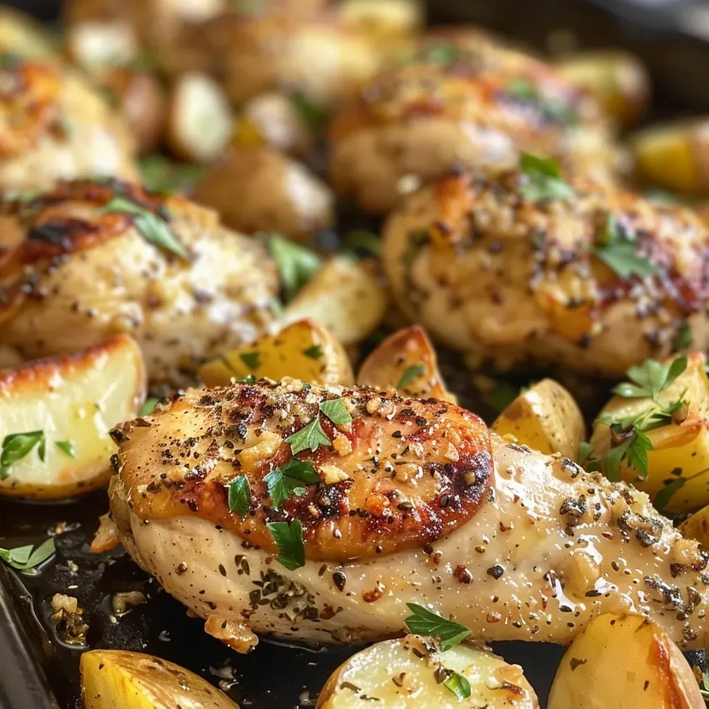 ['Juicy Baked Garlic Parmesan Chicken pieces alongside golden brown cubed potatoes.', 'Close-up view of tender chicken coated with garlic and parmesan, served with roasted red potatoes.', 'Delicious chicken chunks with herbs and spices beside crispy red potato cubes.', 'Appetizing baked chicken sprinkled with parmesan and served with diced potatoes.']