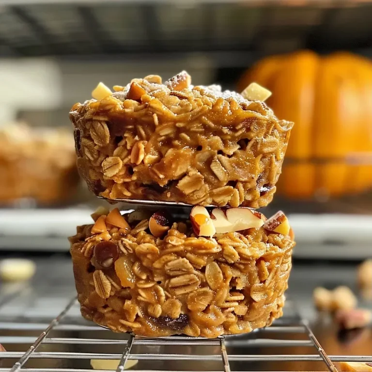 ['Close-up side view of golden Baked Pumpkin Oatmeal Cups with visible pumpkin and oat texture.', 'Juicy Baked Pumpkin Oatmeal Cups displayed in a warm hue, highlighting their moist texture.', 'A side view of Baked Pumpkin Oatmeal Cups showing a rich, inviting color and topped with sugar.', 'Delicious Baked Pumpkin Oatmeal Cups arranged neatly, showcasing their hearty ingredients and baked perfection.']