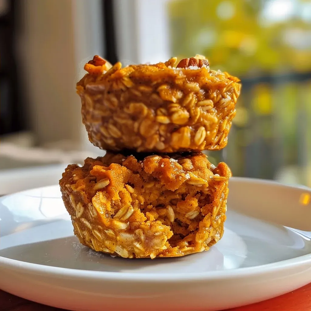 ['Close-up side view of golden Baked Pumpkin Oatmeal Cups with visible pumpkin and oat texture.', 'Juicy Baked Pumpkin Oatmeal Cups displayed in a warm hue, highlighting their moist texture.', 'A side view of Baked Pumpkin Oatmeal Cups showing a rich, inviting color and topped with sugar.', 'Delicious Baked Pumpkin Oatmeal Cups arranged neatly, showcasing their hearty ingredients and baked perfection.']