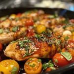 ['Juicy Balsamic Glazed Chicken with grape tomatoes and mozzarella.', 'Close-up of tender Balsamic Glazed Chicken garnished with basil.', 'One pan meal featuring succulent chicken with a balsamic glaze.', 'Side view of Balsamic Glazed Chicken surrounded by fresh ingredients.']