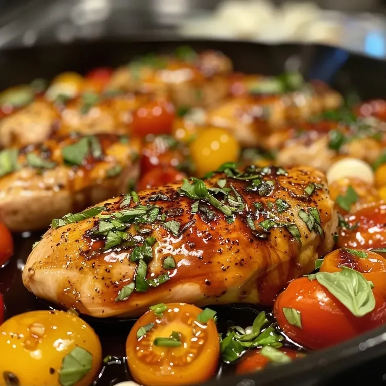 ['Juicy Balsamic Glazed Chicken with grape tomatoes and mozzarella.', 'Close-up of tender Balsamic Glazed Chicken garnished with basil.', 'One pan meal featuring succulent chicken with a balsamic glaze.', 'Side view of Balsamic Glazed Chicken surrounded by fresh ingredients.']