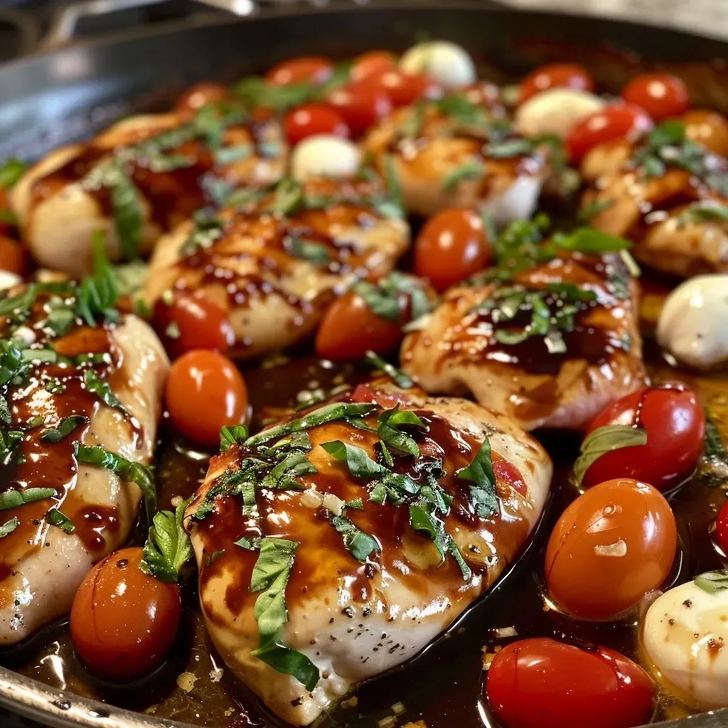 ['Juicy Balsamic Glazed Chicken with grape tomatoes and mozzarella.', 'Close-up of tender Balsamic Glazed Chicken garnished with basil.', 'One pan meal featuring succulent chicken with a balsamic glaze.', 'Side view of Balsamic Glazed Chicken surrounded by fresh ingredients.']
