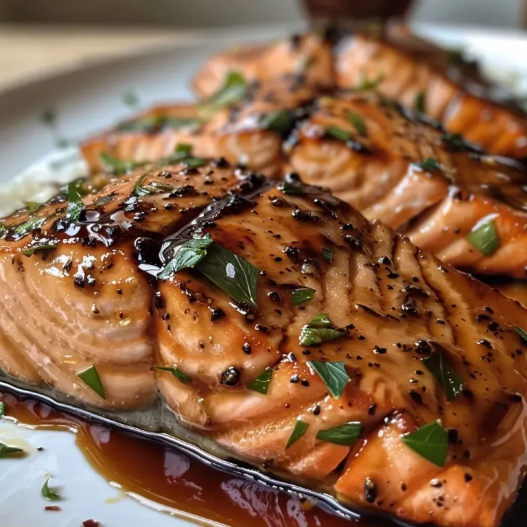 ['Close-up side view of a juicy Balsamic Glazed Salmon fillet on a plate.', 'Appetizing photo of Balsamic Glazed Salmon garnished and drizzled with glaze.', 'Detailed view of a perfectly cooked salmon fillet with a glossy balsamic glaze.', 'Close-up of succulent Balsamic Glazed Salmon showcasing rich colors and texture.']