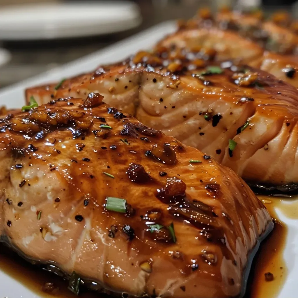 ['Close-up side view of a juicy Balsamic Glazed Salmon fillet on a plate.', 'Appetizing photo of Balsamic Glazed Salmon garnished and drizzled with glaze.', 'Detailed view of a perfectly cooked salmon fillet with a glossy balsamic glaze.', 'Close-up of succulent Balsamic Glazed Salmon showcasing rich colors and texture.']