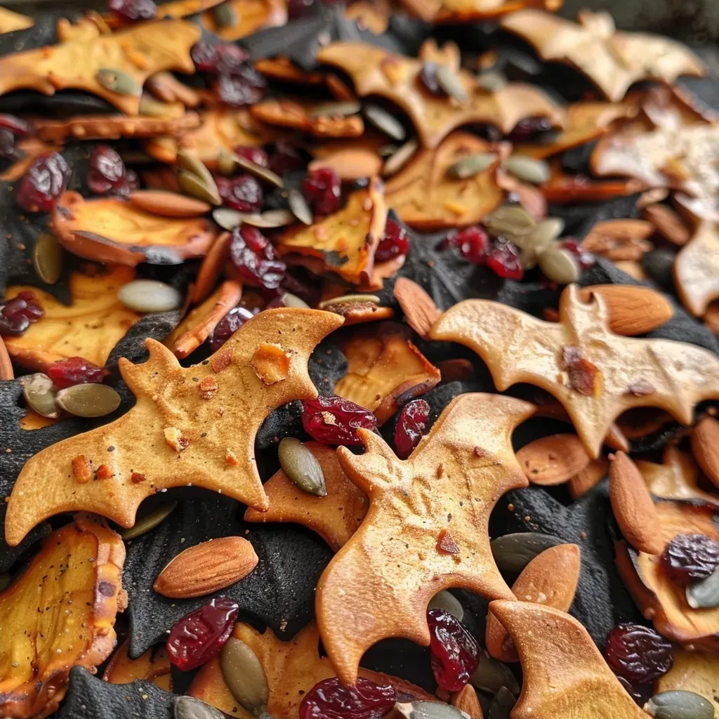 ['A close-up view of a colorful mix of bat-shaped pretzels, dried cranberries, plantain chips, pumpkin seeds, and almonds.', 'Side view of a snack bowl filled with pretzels shaped like bats, cranberries, and various nuts.', 'A vibrant assortment of Halloween-themed snacks including bat pretzels and crunchy plantain chips.', 'An appetizing display of nuts and dried fruits with bat-shaped pretzels for a kid-friendly treat.']