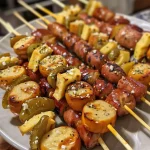 ['Close-up of Bavarian pretzel skewers with beef sausages and cheese cubes.', 'Juicy beef and cheese skewers on pretzel sticks, garnished with pickles.', 'Side view of delicious pretzel skewers featuring sausage, cheese, and gherkins.', 'Tasty skewers of beef, cheese, and pretzels, ready to be enjoyed.']