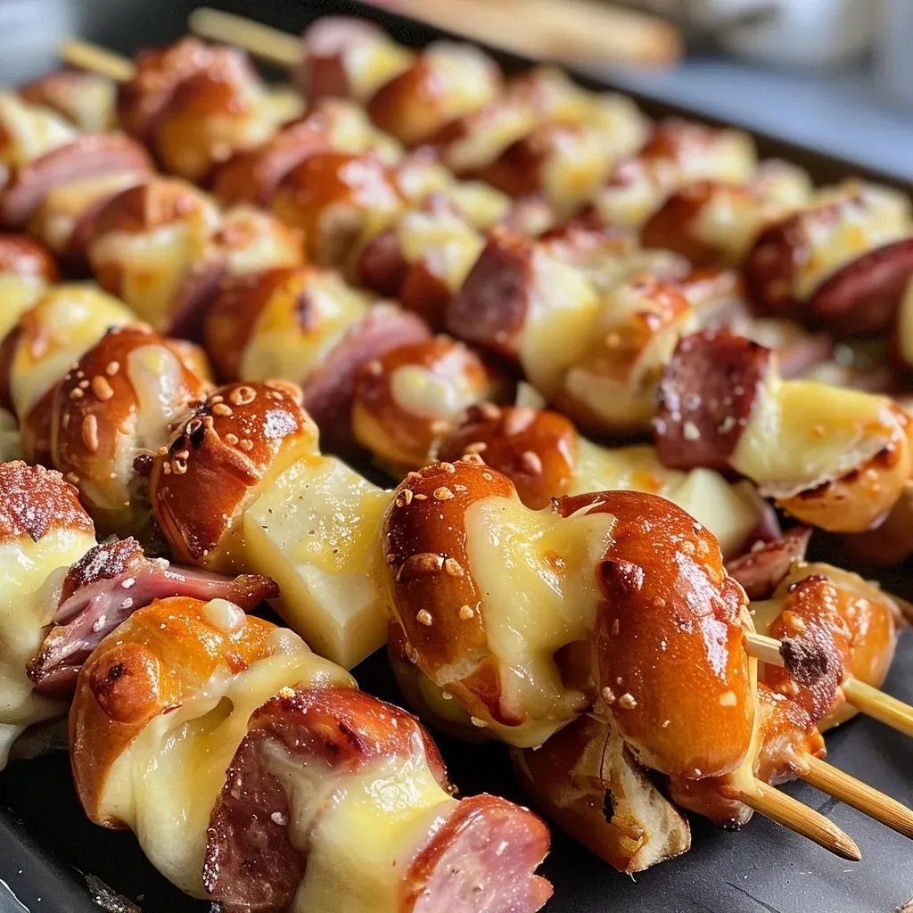 ['Close-up of Bavarian pretzel skewers with beef sausages and cheese cubes.', 'Juicy beef and cheese skewers on pretzel sticks, garnished with pickles.', 'Side view of delicious pretzel skewers featuring sausage, cheese, and gherkins.', 'Tasty skewers of beef, cheese, and pretzels, ready to be enjoyed.']