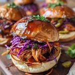 ['Juicy BBQ chicken sliders with colorful toppings on a plate.', 'Close-up of BBQ chicken sliders, garnished with pickles and cilantro.', 'Side view of enticing BBQ chicken sliders stacked on a wooden board.', 'Delicious BBQ chicken sliders with shredded cabbage and carrots visible.']