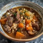['Close-up of a hearty beef and barley stew in a rustic bowl.', 'Side view of a steaming bowl of beef and barley stew, filled with chunks of meat and vegetables.', 'Juicy beef and barley stew displayed in a wooden bowl, highlighting the rich texture and ingredients.', 'Colorful beef and barley stew captured close-up, showcasing tender beef and vibrant vegetables.']