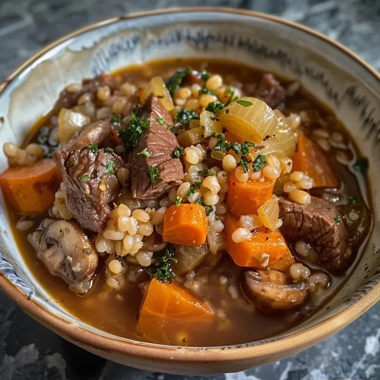['Close-up of a hearty beef and barley stew in a rustic bowl.', 'Side view of a steaming bowl of beef and barley stew, filled with chunks of meat and vegetables.', 'Juicy beef and barley stew displayed in a wooden bowl, highlighting the rich texture and ingredients.', 'Colorful beef and barley stew captured close-up, showcasing tender beef and vibrant vegetables.']