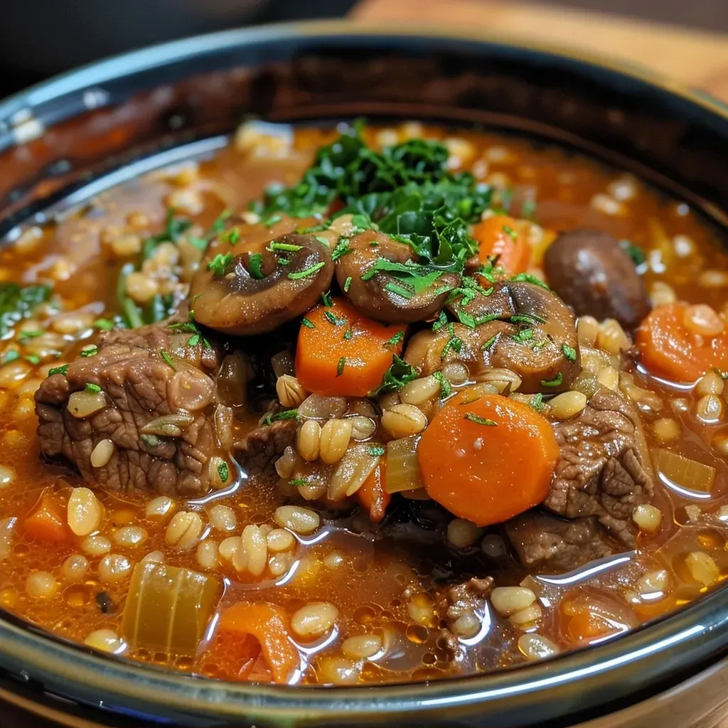['Close-up of a hearty beef and barley stew in a rustic bowl.', 'Side view of a steaming bowl of beef and barley stew, filled with chunks of meat and vegetables.', 'Juicy beef and barley stew displayed in a wooden bowl, highlighting the rich texture and ingredients.', 'Colorful beef and barley stew captured close-up, showcasing tender beef and vibrant vegetables.']