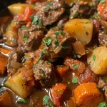 ['Close-up view of a bowl of Beef and Tomato Basil Stew with visible chunks of meat and vegetables.', 'Juicy Beef and Tomato Basil Stew in a rustic bowl, showcasing the rich colors of the ingredients.', 'Side view of Beef and Tomato Basil Stew, highlighting tender beef pieces and fresh basil on top.', 'A vibrant close-up of a hearty Beef and Tomato Basil Stew, with diced tomatoes and mixed vegetables.']
