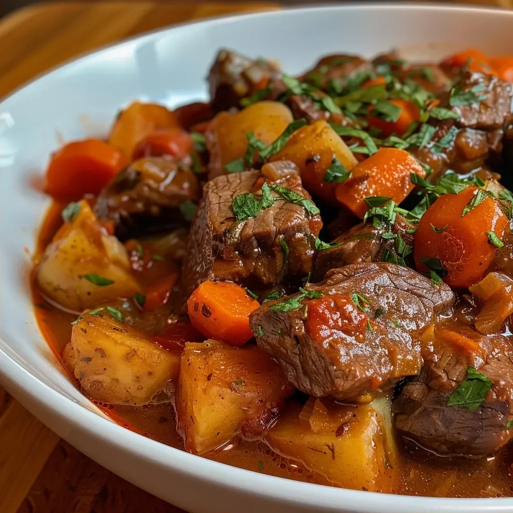 ['Close-up view of a bowl of Beef and Tomato Basil Stew with visible chunks of meat and vegetables.', 'Juicy Beef and Tomato Basil Stew in a rustic bowl, showcasing the rich colors of the ingredients.', 'Side view of Beef and Tomato Basil Stew, highlighting tender beef pieces and fresh basil on top.', 'A vibrant close-up of a hearty Beef and Tomato Basil Stew, with diced tomatoes and mixed vegetables.']