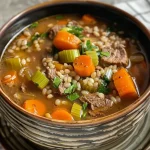 ['A close-up view of a steaming bowl of Beef Barley Vegetable Soup, showcasing chunks of beef, barley, and colorful vegetables.', 'Side view of a hearty Beef Barley Vegetable Soup, highlighting tender meat, barley grains, and fresh veggies.', 'A vibrant bowl of Beef Barley Vegetable Soup filled with carrots, celery, and greens, captured in detail.', 'Close-up image of a delicious Beef Barley Vegetable Soup with visible ingredients like beef, barley, and spinach.']