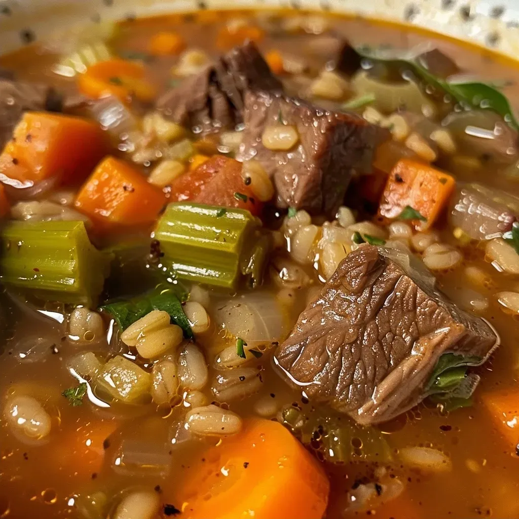 ['A close-up view of a steaming bowl of Beef Barley Vegetable Soup, showcasing chunks of beef, barley, and colorful vegetables.', 'Side view of a hearty Beef Barley Vegetable Soup, highlighting tender meat, barley grains, and fresh veggies.', 'A vibrant bowl of Beef Barley Vegetable Soup filled with carrots, celery, and greens, captured in detail.', 'Close-up image of a delicious Beef Barley Vegetable Soup with visible ingredients like beef, barley, and spinach.']