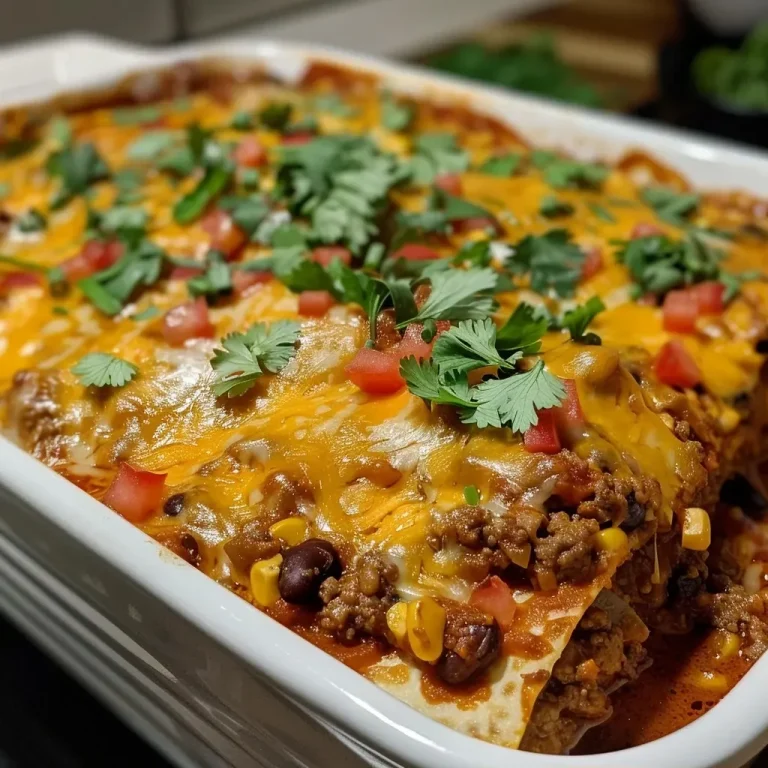 ['A close-up view of a Beef Enchilada Casserole with layers of meat, cheese, and vegetables.', 'Side view of a Beef Enchilada Casserole showing juicy beef, melted cheddar, and colorful toppings.', 'A hearty Beef Enchilada Casserole filled with ground beef, beans, and topped with cheese and cilantro.', 'An appetizing portion of Beef Enchilada Casserole, featuring a golden crust and vibrant ingredients.']
