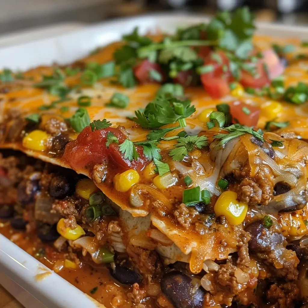 ['A close-up view of a Beef Enchilada Casserole with layers of meat, cheese, and vegetables.', 'Side view of a Beef Enchilada Casserole showing juicy beef, melted cheddar, and colorful toppings.', 'A hearty Beef Enchilada Casserole filled with ground beef, beans, and topped with cheese and cilantro.', 'An appetizing portion of Beef Enchilada Casserole, featuring a golden crust and vibrant ingredients.']