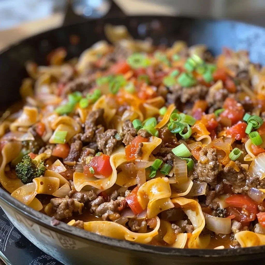 ['A juicy Beef Noodle Skillet filled with ground beef, broccoli, and egg noodles.', 'Close-up view of a Beef Noodle Skillet highlighting diced onions, garlic, and melted cheese.', 'A colorful Beef Noodle Skillet featuring broccoli florets and sliced green onions on top.', 'Side view of a savory Beef Noodle Skillet, showing creamy sauce and vibrant ingredients.']