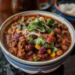 ['Close-up of a hearty bowl of beer chili with dark lager and black beans.', 'Side view of a steaming bowl of beer chili topped with fresh ingredients.', 'Rich beer chili showcasing ingredients like chipotle and chocolate stout.', 'Delicious beer chili in a bowl, emphasizing its thick texture and vibrant colors.']