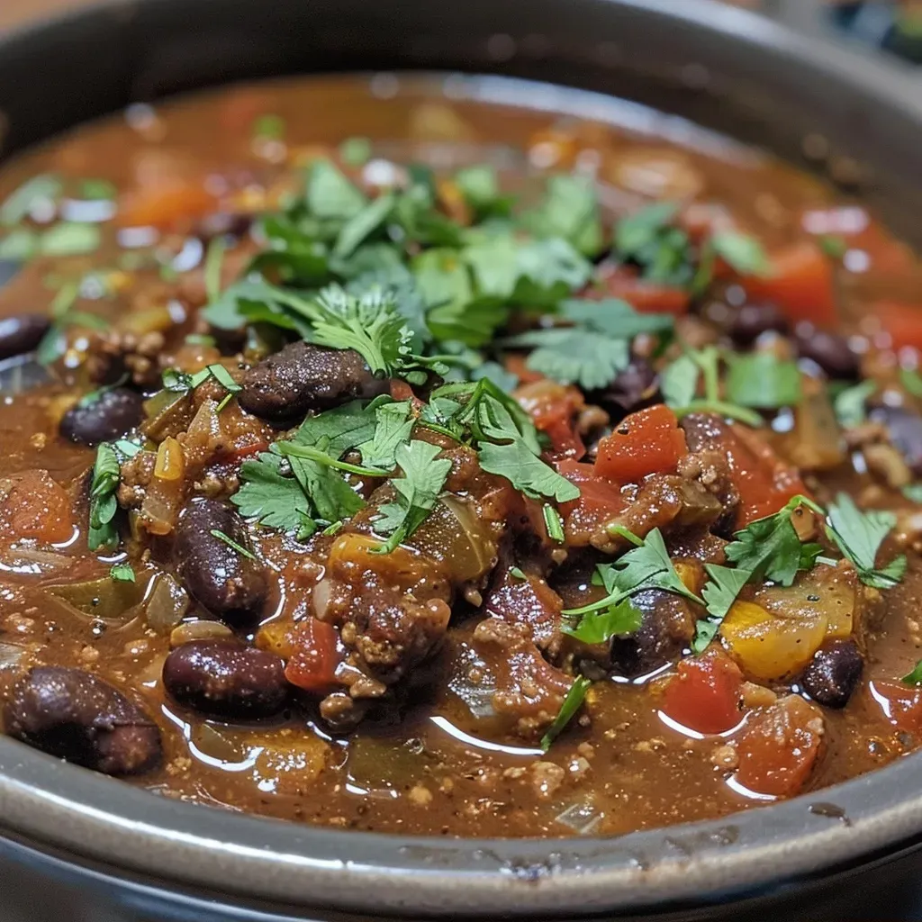 ['Close-up of a hearty bowl of beer chili with dark lager and black beans.', 'Side view of a steaming bowl of beer chili topped with fresh ingredients.', 'Rich beer chili showcasing ingredients like chipotle and chocolate stout.', 'Delicious beer chili in a bowl, emphasizing its thick texture and vibrant colors.']