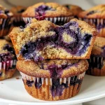 ['A close-up side view of a blueberry swirl coffee cake muffin with a golden-brown top and visible blueberry jam swirls.', 'Juicy blueberry swirl coffee cake muffins displayed on a plate, showcasing their crumbly texture and vibrant blueberries.', 'A tantalizing side view of blueberry swirl coffee cake muffins, highlighting the moist cake and blueberry filling.', 'Freshly baked blueberry swirl coffee cake muffins, emphasizing their rich color and tempting glaze.']