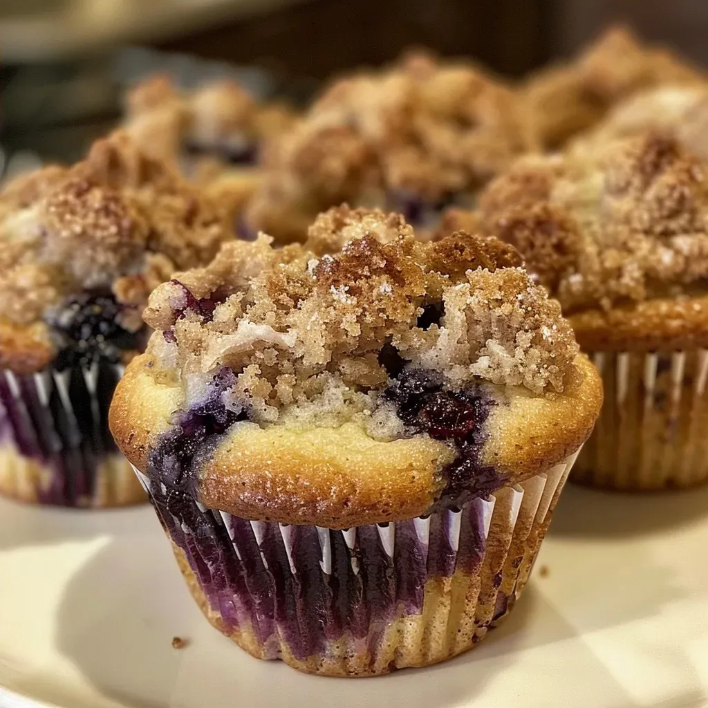 ['A close-up side view of a blueberry swirl coffee cake muffin with a golden-brown top and visible blueberry jam swirls.', 'Juicy blueberry swirl coffee cake muffins displayed on a plate, showcasing their crumbly texture and vibrant blueberries.', 'A tantalizing side view of blueberry swirl coffee cake muffins, highlighting the moist cake and blueberry filling.', 'Freshly baked blueberry swirl coffee cake muffins, emphasizing their rich color and tempting glaze.']