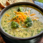 ['Close up of creamy broccoli cheddar soup with visible chunks of broccoli and grated cheese.', 'Side view of a bowl filled with rich broccoli cheddar soup, garnished with cheddar cheese.', 'Juicy broccoli cheddar soup in a bowl, showcasing broccoli florets and a smooth texture.', 'Delicious broccoli cheddar soup captured up close, highlighting its creamy consistency and vibrant green color.']