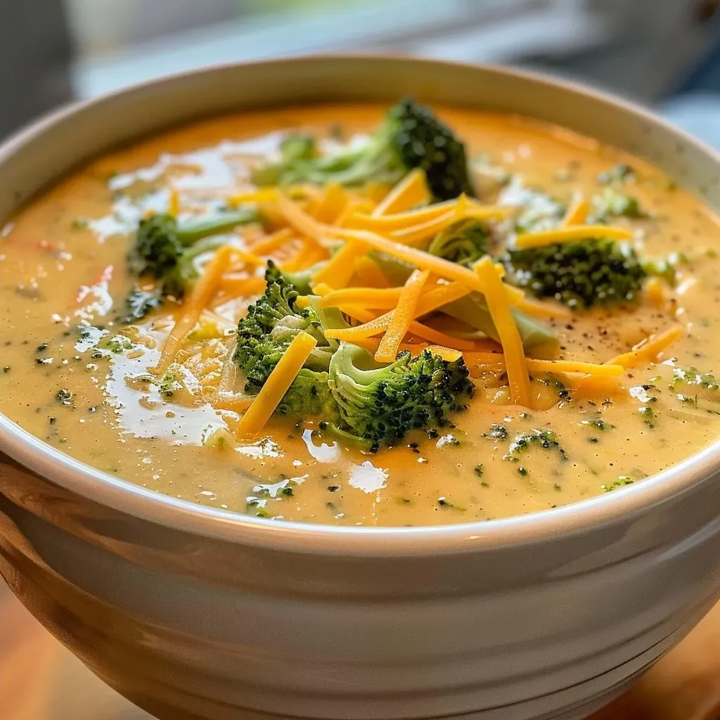 ['Close up of creamy broccoli cheddar soup with visible chunks of broccoli and grated cheese.', 'Side view of a bowl filled with rich broccoli cheddar soup, garnished with cheddar cheese.', 'Juicy broccoli cheddar soup in a bowl, showcasing broccoli florets and a smooth texture.', 'Delicious broccoli cheddar soup captured up close, highlighting its creamy consistency and vibrant green color.']