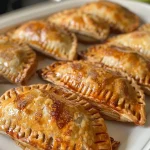 ['Close-up side view of a golden-brown apple hand pie with visible flaky crust.', 'Juicy apple filling peeking out from a beautifully baked brown butter hand pie.', 'An appetizing hand pie with a crisp, flaky exterior and steam rising from the fresh apples inside.', 'Deliciously golden brown hand pie filled with spiced apple filling, showcasing its flaky texture.']