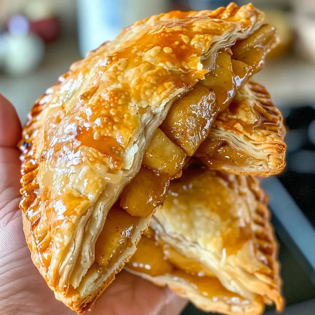 ['Close-up side view of a golden-brown apple hand pie with visible flaky crust.', 'Juicy apple filling peeking out from a beautifully baked brown butter hand pie.', 'An appetizing hand pie with a crisp, flaky exterior and steam rising from the fresh apples inside.', 'Deliciously golden brown hand pie filled with spiced apple filling, showcasing its flaky texture.']
