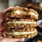 ['Close-up side view of Brown Butter Banana Oatmeal Cream Pies on a plate.', 'Detailed view of golden Brown Butter Banana Oatmeal Cream Pies, showcasing their creamy filling.', 'Side shot of two Brown Butter Banana Oatmeal Cream Pies stacked, highlighting their texture.', 'Tempting close-up of Brown Butter Banana Oatmeal Cream Pies, revealing chocolate chips and oatmeal.']