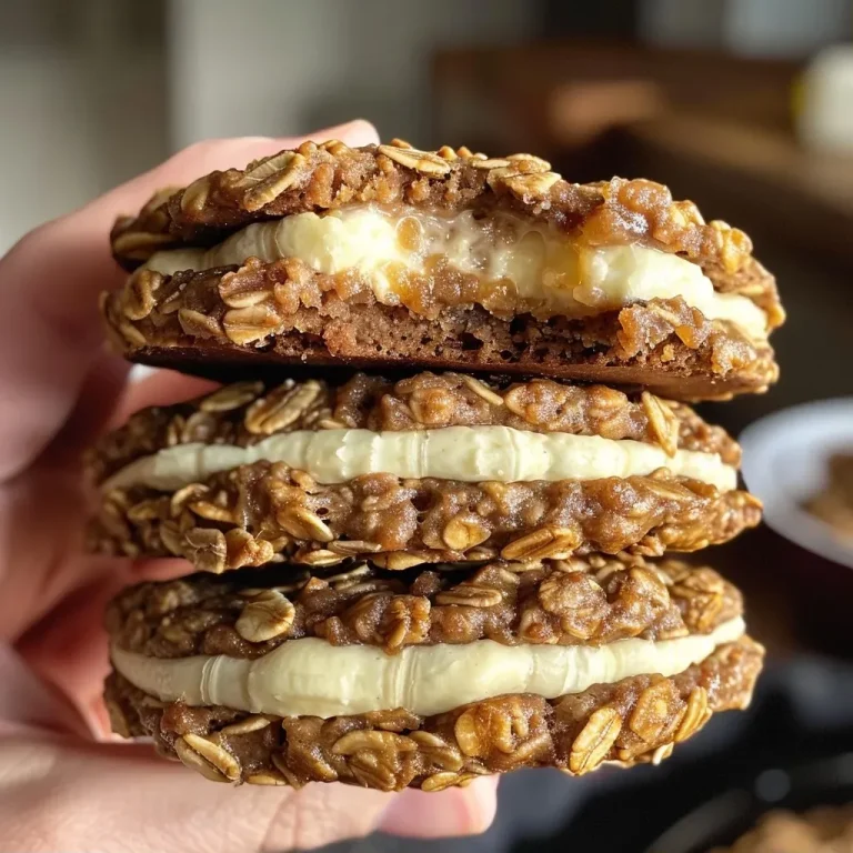 ['Close-up side view of Brown Butter Banana Oatmeal Cream Pies on a plate.', 'Detailed view of golden Brown Butter Banana Oatmeal Cream Pies, showcasing their creamy filling.', 'Side shot of two Brown Butter Banana Oatmeal Cream Pies stacked, highlighting their texture.', 'Tempting close-up of Brown Butter Banana Oatmeal Cream Pies, revealing chocolate chips and oatmeal.']